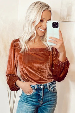 Clay Velvet Ribbed Texture Square Neck Slim Puff Sleeve Top