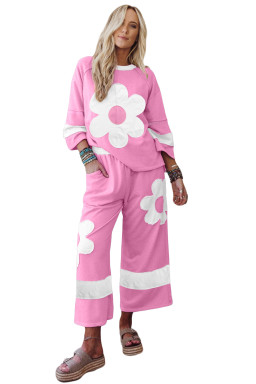 Orchid Bouquet Flower Patched Raw Seam Colorblock Loose Pants Set