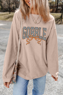 Apricot Twisted Ribbed Texture Checkered GOBBLE Bow Heat Transfer Printing Sweatshirt