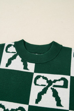 Blackish Green Bow Print Checkered Knit Sweater