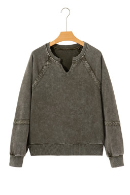 Jungle Green Lace Applique Notched Neck Mineral Wash Baggy Sweatshirt