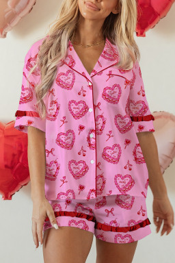 Pink Sweet Heart Cake Print Contrast Ruffle Trim Valentines 2pcs Pajama Set