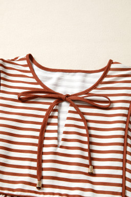Brown Striped Drawstring V Neck Blouse