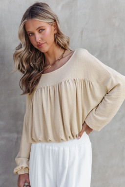 Jet Stream Waffle Textured Pleated Long Sleeve Top