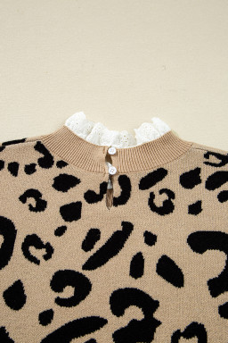 Brown Leopard Pattern Lace Trim Ribbed Detail Button Cuffed Sweater