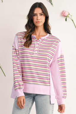 Pink Striped Patchwork Button V Neck Pullover Sweatshirt