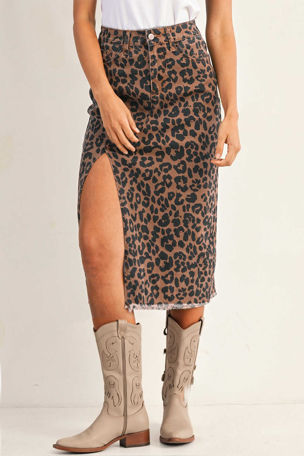 Brown Leopard Frayed Split Denim Midi Skirt