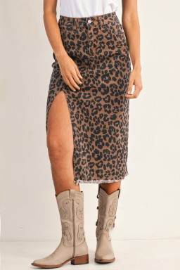 Brown Leopard Print Frayed Edge Denim Skirt Long Casual Daily Wear