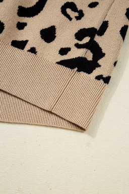 Brown Leopard Pattern Lace Trim Ribbed Detail Button Cuffed Sweater