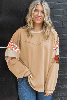 Khaki Exposed Seam Floral Mixed Patchwork Plus Size Top