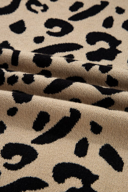 Brown Leopard Pattern Lace Trim Ribbed Detail Button Cuffed Sweater