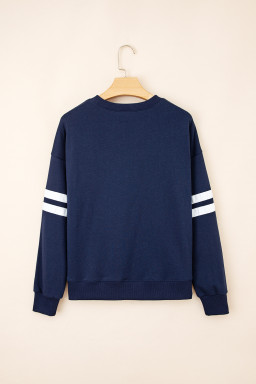 Navy Blue Preppy Striped Sleeve Loose Sweatshirt