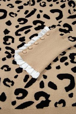 Brown Leopard Pattern Lace Trim Ribbed Detail Button Cuffed Sweater