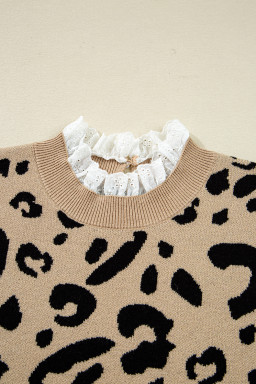 Brown Leopard Pattern Lace Trim Ribbed Detail Button Cuffed Sweater