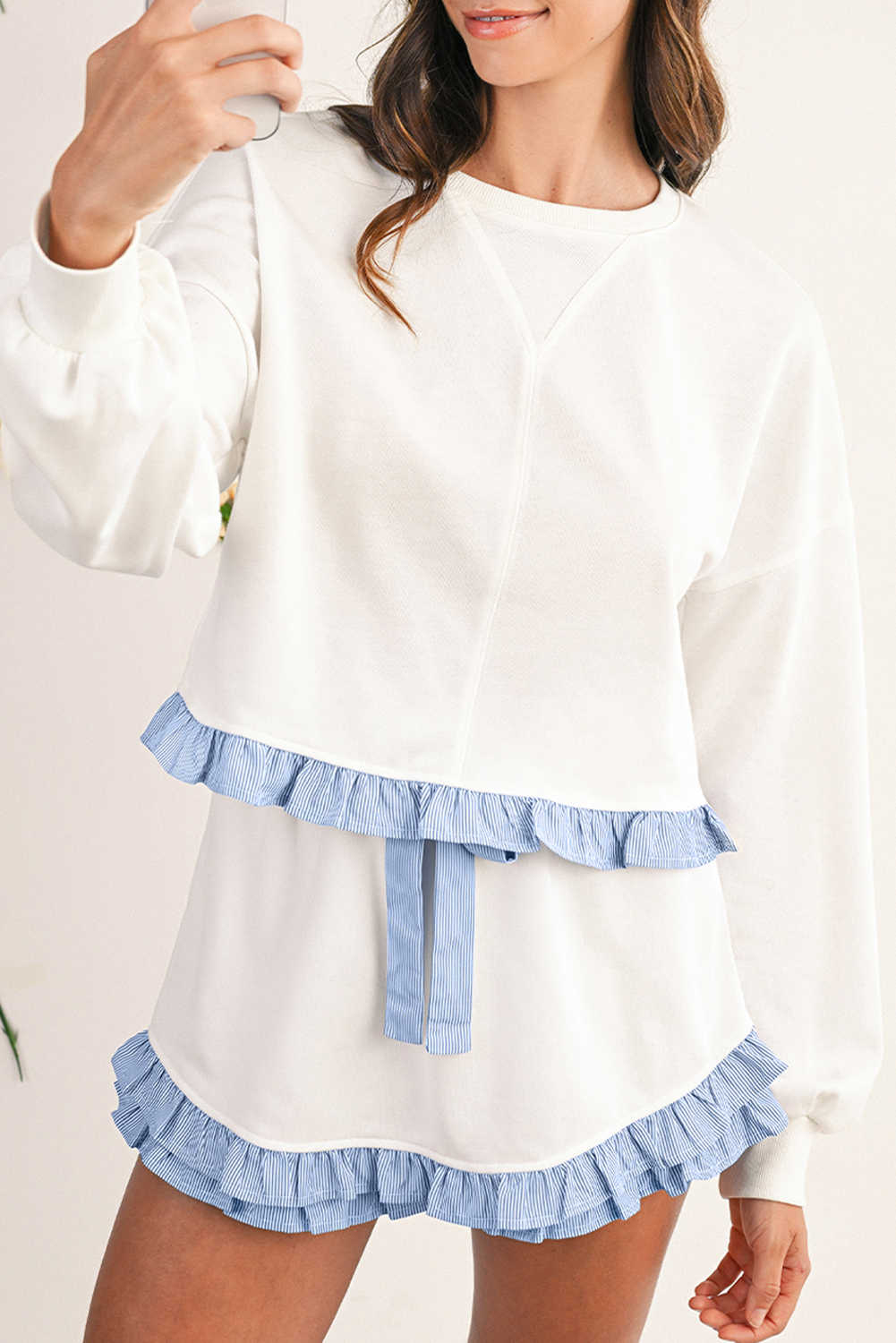 White Striped Ruffle Hem Long Sleeve Pullover and Shorts Set
