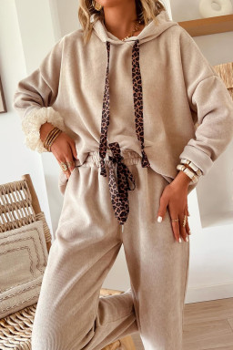 Parchment Drawstring Pullover Hoodie and High Waist Pants Corduroy Suit