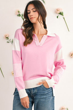 Pink Striped V Neck Collared Colorblock Patchwork Sweater