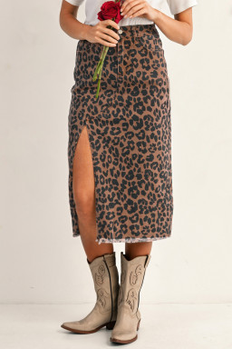 Brown Leopard Print Frayed Edge Denim Skirt Long Casual Daily Wear