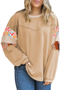 Khaki Exposed Seam Floral Mixed Patchwork Plus Size Top