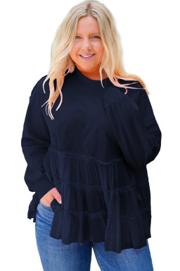Navy Blue Frill Tiered Patchwork Ribbed Trim Flowy Plus Size Top