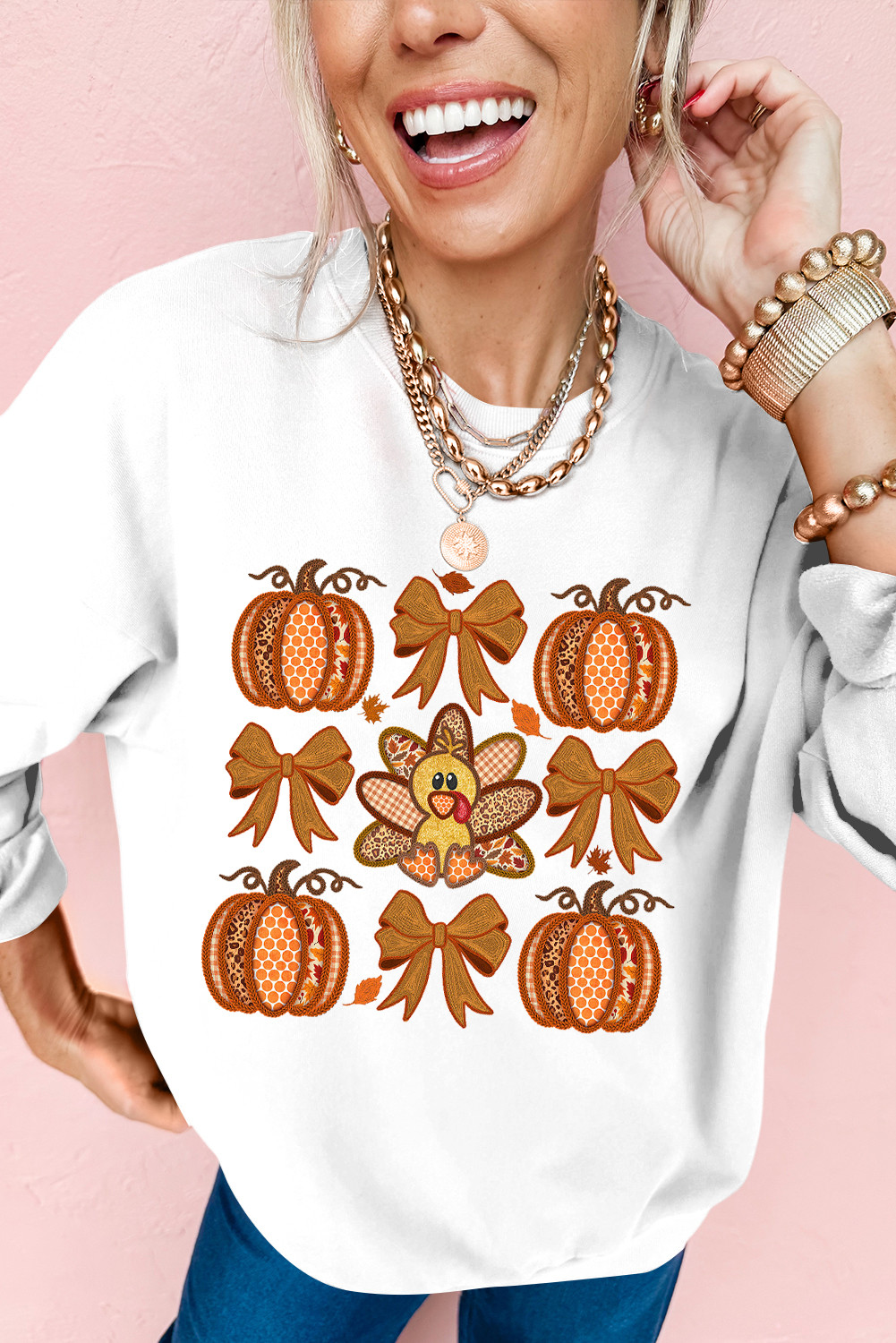 White Cute Turkey Fall Pumpkin Bow Heat Transfer Printing Drop Shoulder Sweatshirt