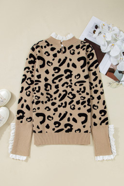 Brown Leopard Pattern Lace Trim Ribbed Detail Button Cuffed Sweater