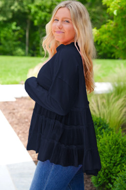Navy Blue Frill Tiered Patchwork Ribbed Trim Flowy Plus Size Top