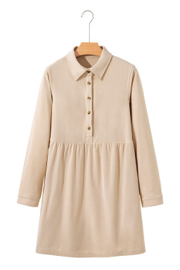 Oatmeal Corduroy Half Button Collared Long Sleeve Mini Dress