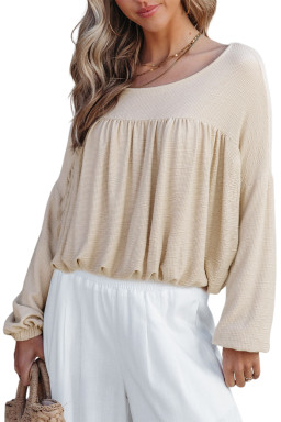 Jet Stream Waffle Textured Pleated Long Sleeve Top
