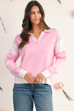 Pink Striped V Neck Collared Colorblock Patchwork Sweater