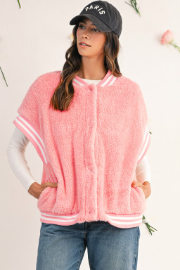 Gossamer Pink Contrast Trim Plush Sleeveless Coat