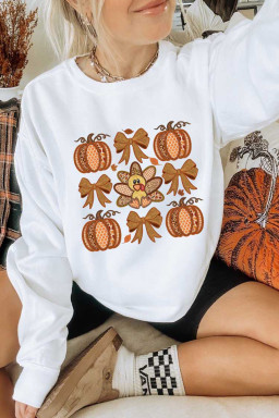 White Cute Turkey Fall Pumpkin Bow Heat Transfer Printing Drop Shoulder Sweatshirt