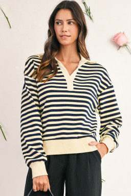 Blue Striped Long Sleeve V Neck Top