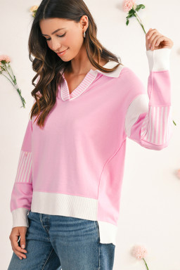 Pink Striped V Neck Collared Colorblock Patchwork Sweater