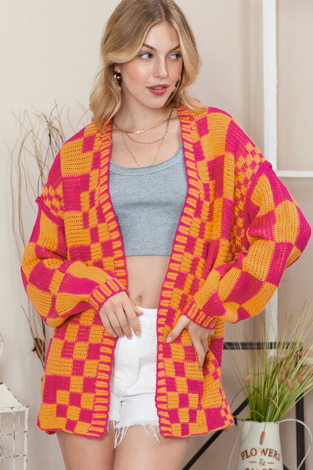 Multicolor Plaid Open Front Knitted Cardigan