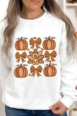 White Cute Turkey Fall Pumpkin Bow Heat Transfer Printing Drop Shoulder Sweatshirt