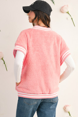 Gossamer Pink Contrast Trim Plush Sleeveless Coat