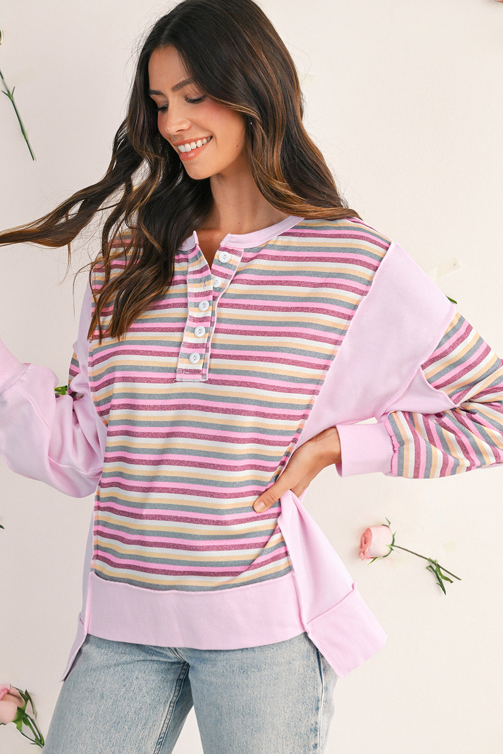 Pink Striped Patchwork Button V Neck Pullover Sweatshirt