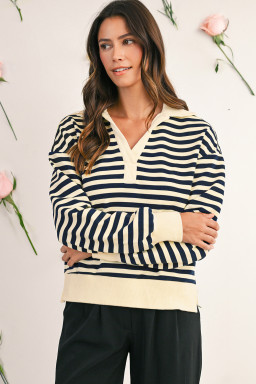 Blue Striped Long Sleeve V Neck Top