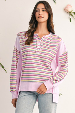 Pink Striped Patchwork Button V Neck Pullover Sweatshirt