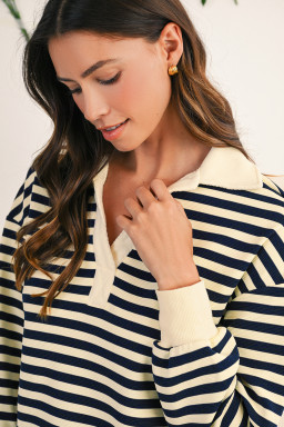 Blue Striped Long Sleeve V Neck Top