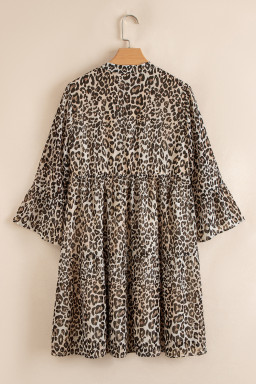 Khaki Leopard 3/4 Sleeve V Neck Swing Dress