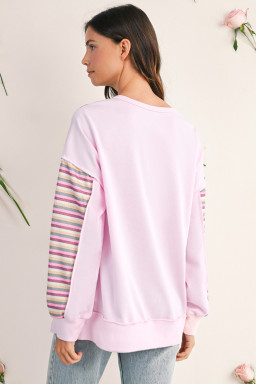 Pink Striped Patchwork Button V Neck Pullover Sweatshirt