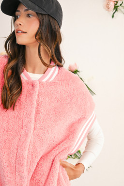 Gossamer Pink Contrast Trim Plush Sleeveless Coat