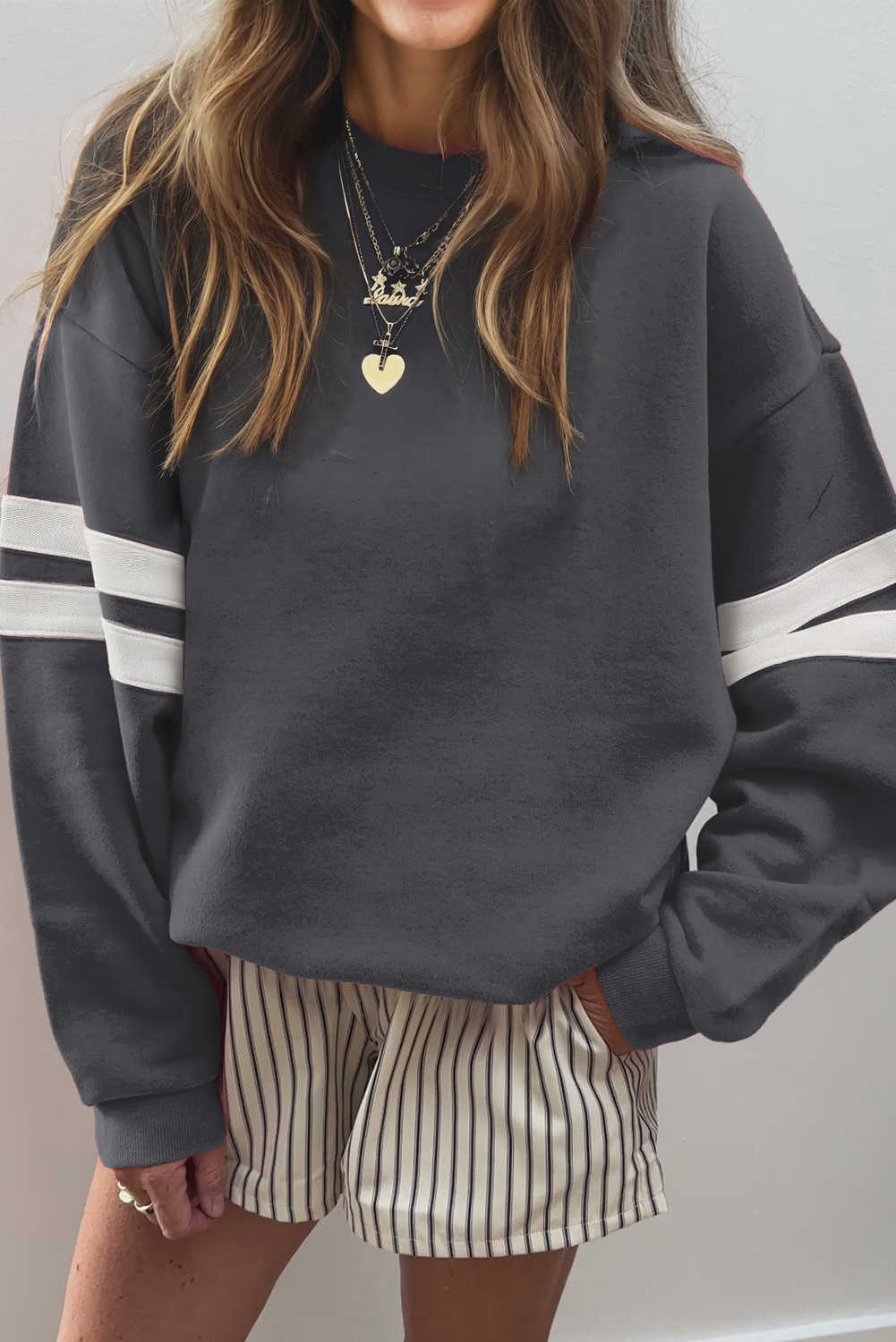Dark Grey Preppy Striped Sleeve Loose Sweatshirt