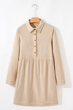Oatmeal Corduroy Half Button Collared Long Sleeve Mini Dress