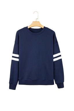 Navy Blue Preppy Striped Sleeve Loose Sweatshirt