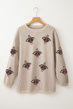Smoke Gray Twisted Ribbed Turkey Graphic Sequins Patch Thanksgiving Baggy Sweatshirt