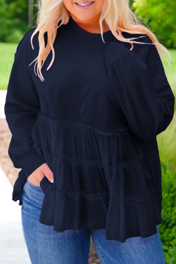 Navy Blue Frill Tiered Patchwork Ribbed Trim Flowy Plus Size Top