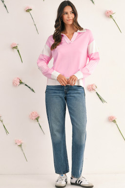 Pink Striped V Neck Collared Colorblock Patchwork Sweater